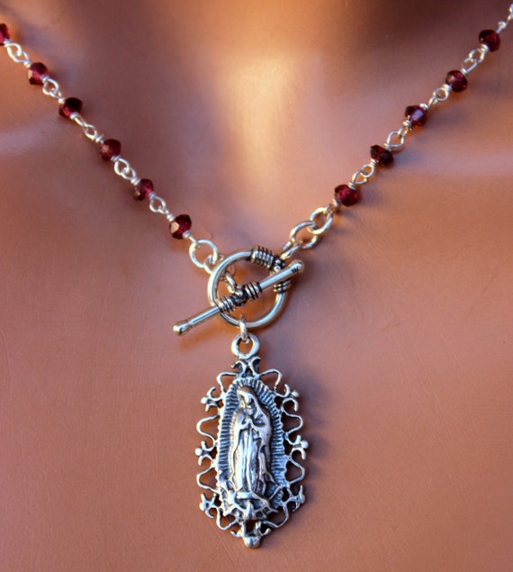 Sterling Silver Our Lady of Guadalupe Necklace Virgin Mary Choker Necklaces Religious Catholic Jewelry Gift Garnet Red
