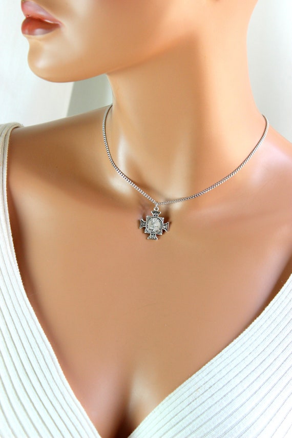 Saint Michael Choker Necklace Maltese Cross 925 Sterling Silver Charm Protection Women Unisex Superb Quality Jewelry