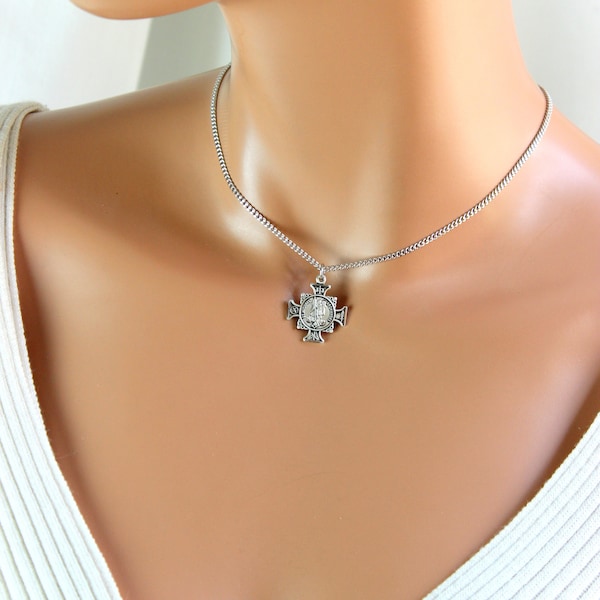 Saint Michael Choker Necklace Maltese Cross 925 Sterling Silver Charm Protection Women Unisex Superb Quality Jewelry