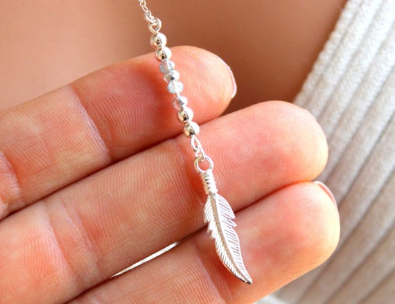 Feather Pendant Necklace Sterling Silver Gold Filled Lariat Y Style Long Drop Crystal Simple Delicate Necklaces Women Unique Jewelry Gift