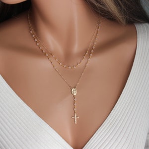 BEST SELLER Rose Quartz Rosary Necklace Gold Cross Pink  Chistian Catholic Jewelry Miraculous Double Layer Confirmation Gift