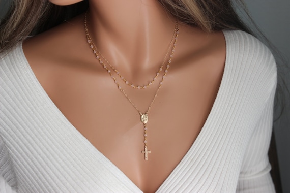 BEST SELLER Rose Quartz Rosary Necklace Gold Cross Pink  Chistian Catholic Jewelry Miraculous Double Layer Confirmation Gift