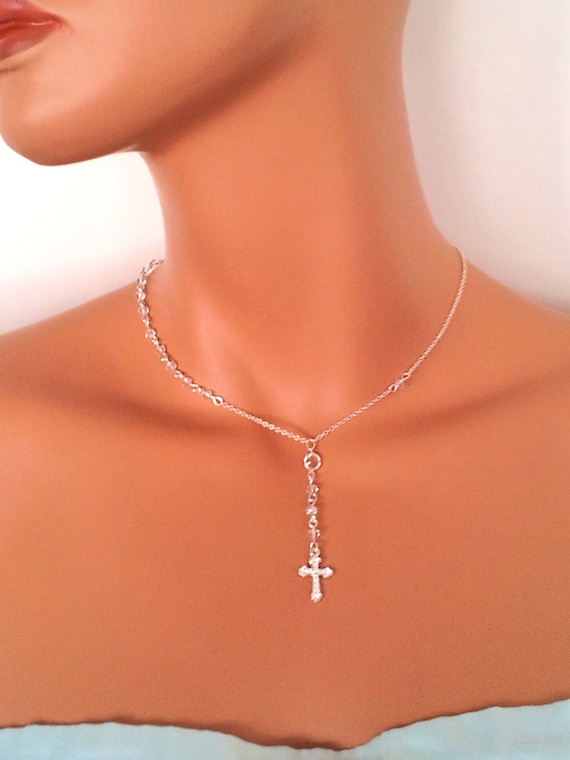 Sterling Silver Rosary Necklace Swarvovsi Crystal Cross Necklaces Confirmation Gift Communion Bride Wedding Jewelry Deicate