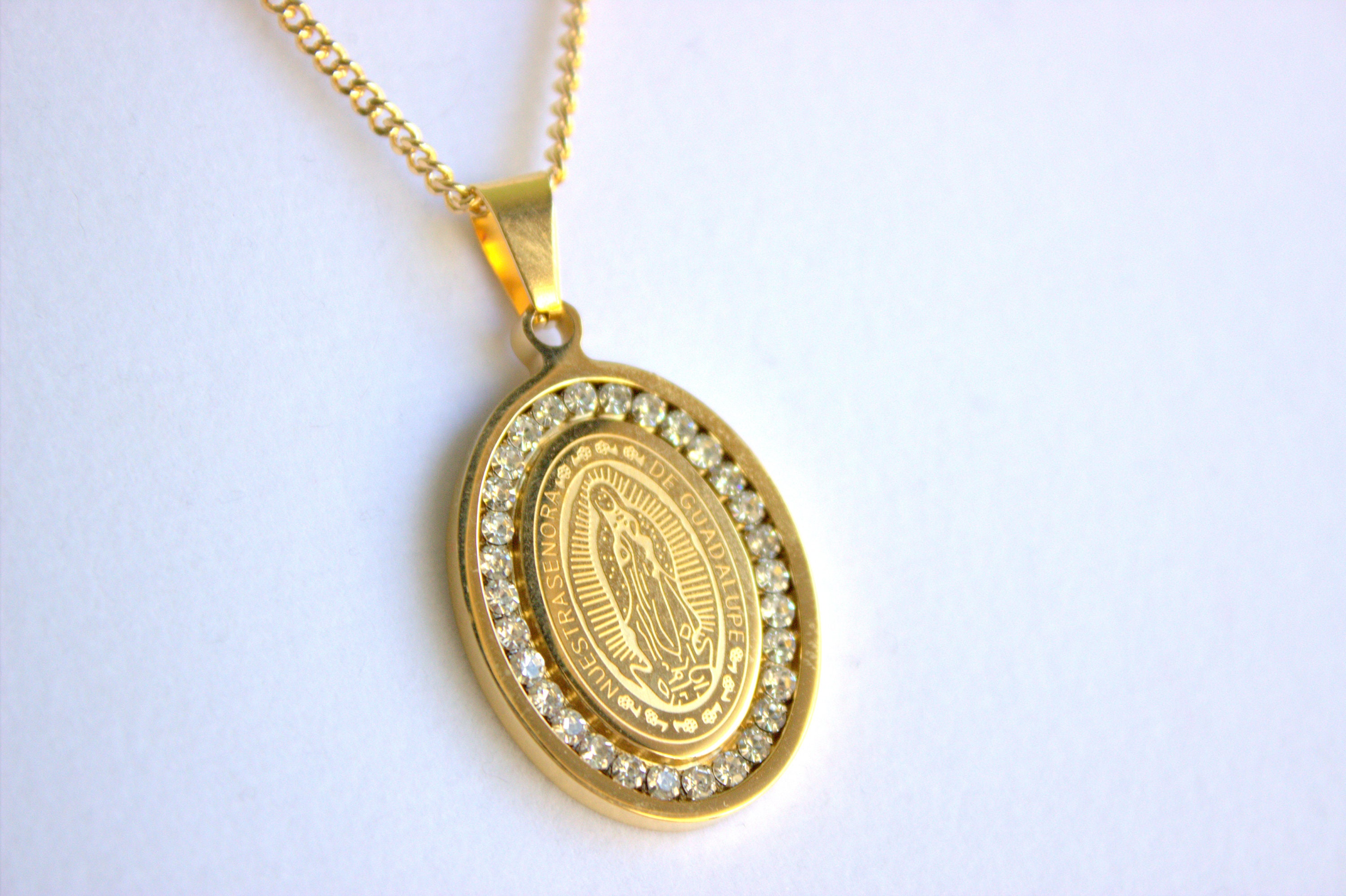 Our Lady of Guadalupe Pendant Necklace Mens Gold Stainless Steel Virgin ...