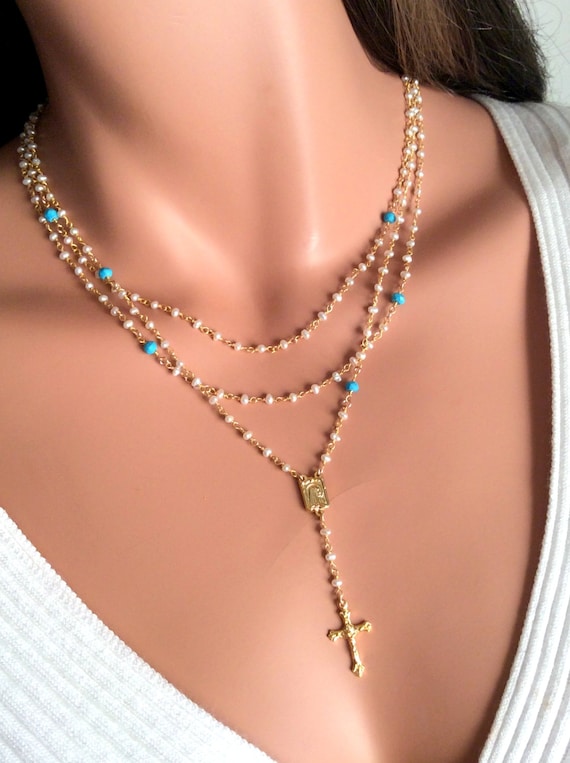 BEST SELLER Pearl Gold Rosary Necklace Turquoise Freshwater Pearls Gold Crucifix Cross Womens Girls Religous Jewelry