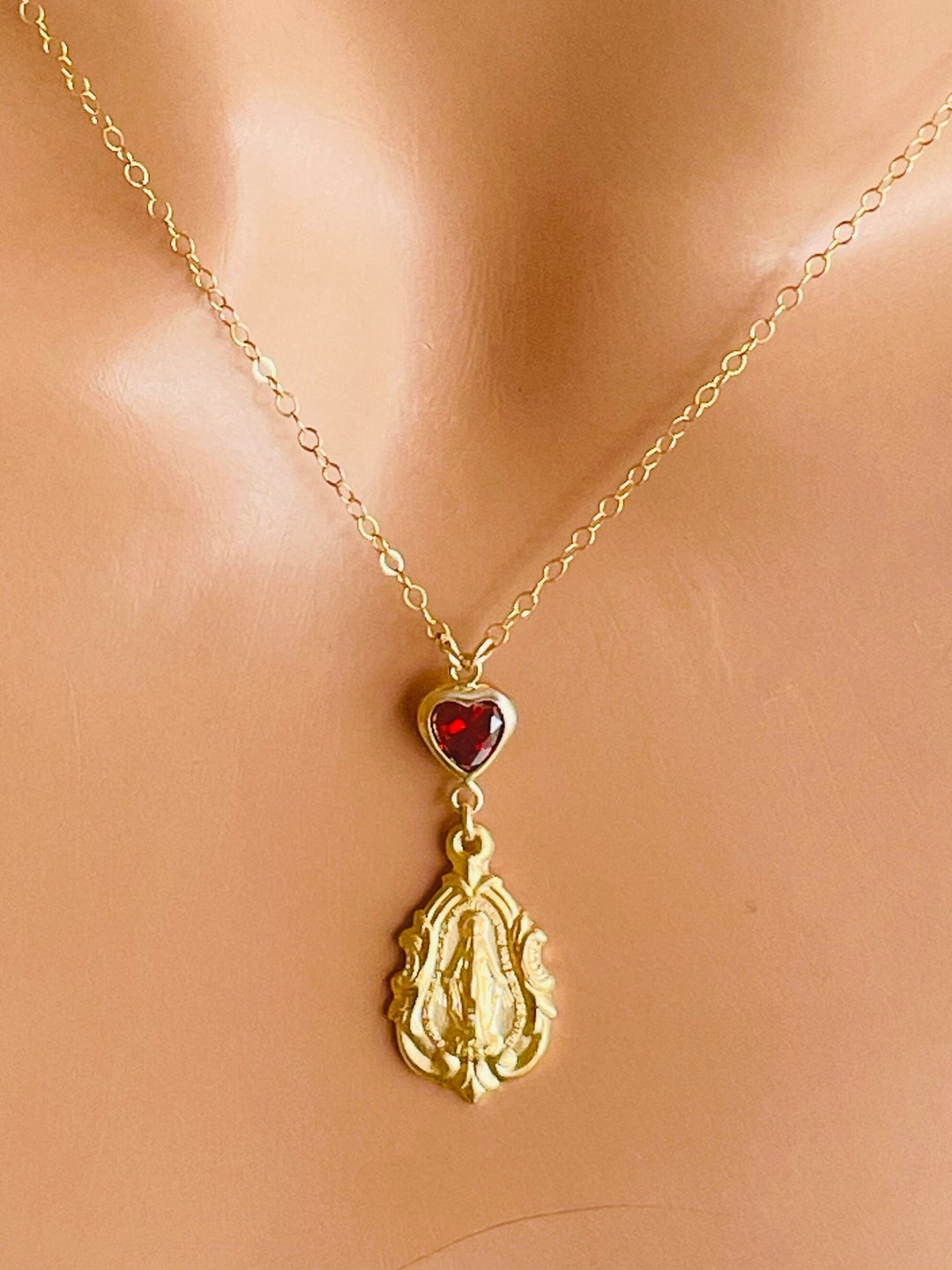 Gold Mary Miraculous Charm Necklace Sterling Silver Red Cz Heart ...