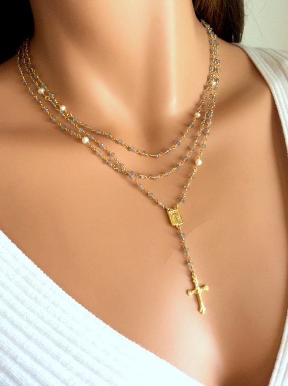 Rosary Necklace Gold Filled Labradorite Gemstones with Freshwater Pearls Womens Girls Multi Layer Crucifix Rosaries Catholic Virgin Mary