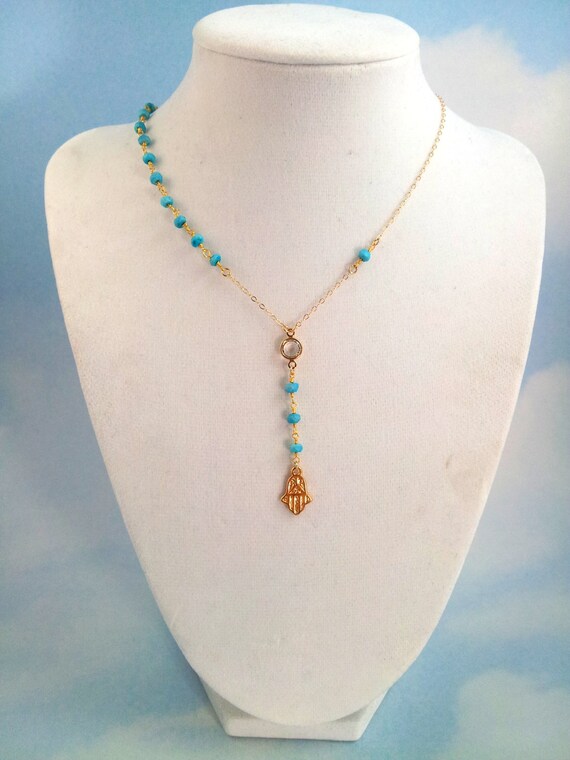 Hamsa Necklace Gold Filled Turquoise Gemstone Y Style Lariat | Etsy