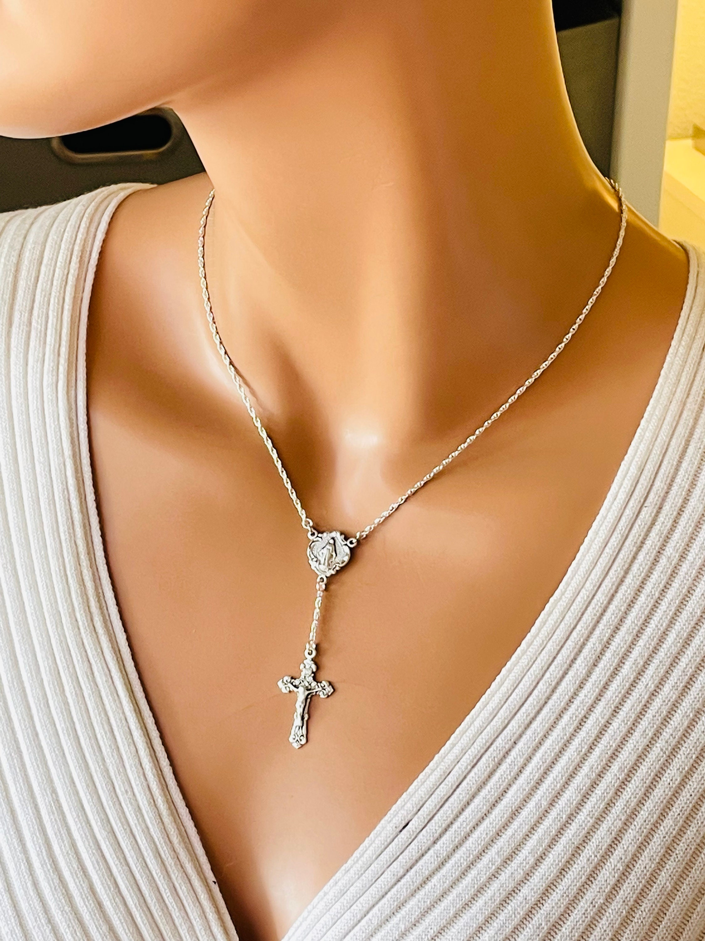 Sterling Silver Rosary Necklace Mary Miraculous Crucifix