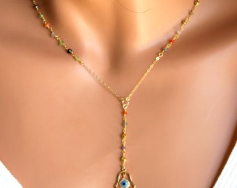 Hamsa Necklace Multi Gemstone Gold Filled Womens Y Rosary Style Necklaces Hand of Fatima Pendant Kabbalah Jewelry Gift
