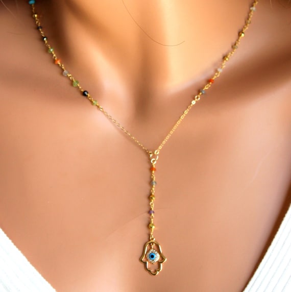 Hamsa Necklace Multi Gemstone Gold Filled Womens Y Rosary Style Necklaces Hand of Fatima Pendant Kabbalah Jewelry Gift