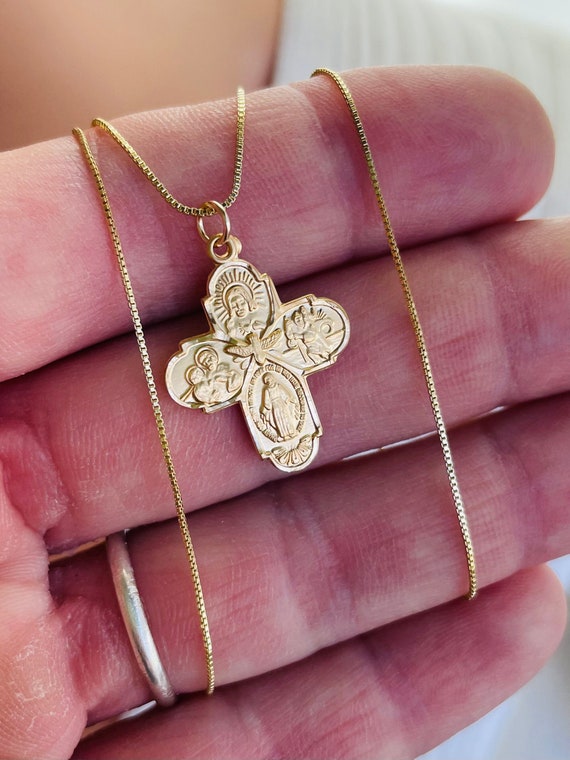 Gold Four Way Cross Necklace Women Sterling Silver Fourway Cross Charm Neckalce Sacred Heart Cross Cruciform Religious Catholic Box Chain