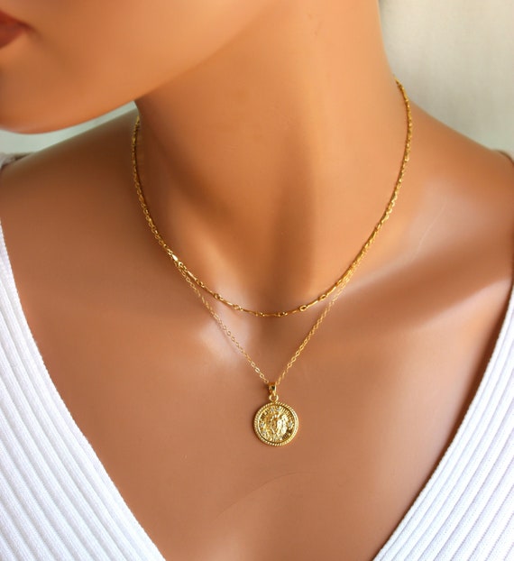 SALE Gold Link Choker Gold Coin Chain Set | Gold Lion Pendant Necklace | Layered Link Chain | Thick Chain 14K Gold Filled | Chain Set