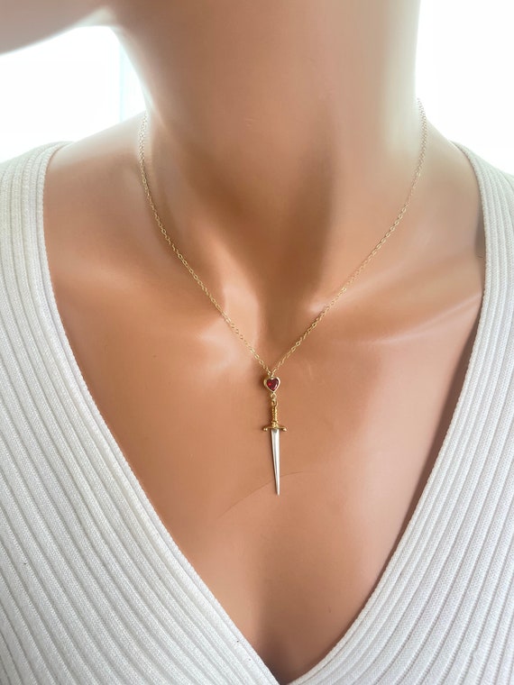 Sword necklace for women 14k gold filled sterling silver sword cz red heart lariat necklaces girls gift two tone necklace jewelry dagger