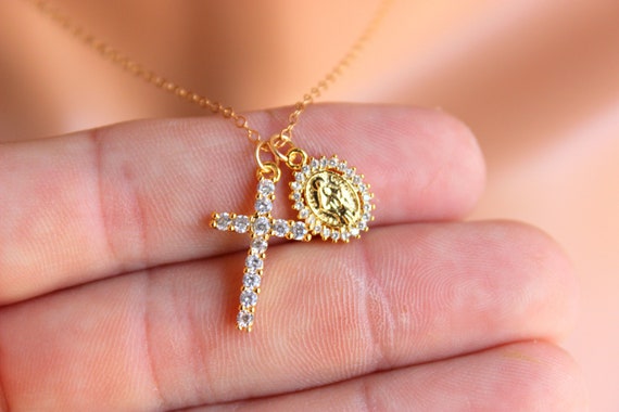 Small Gold Miraculous Mary Charm Necklace Women Little Girls Double CZ Cross Necklaces Protection Catholic Jewelry Tiny Confirmation Gift
