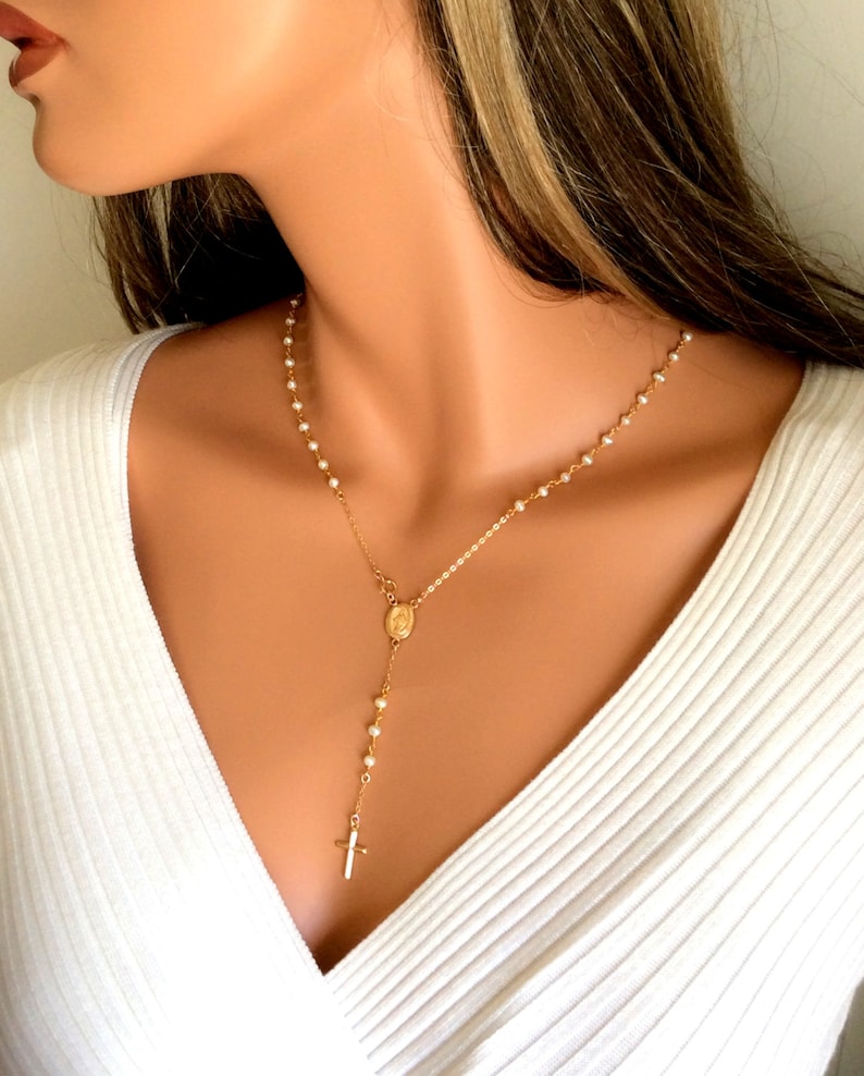 Rosary Necklace Pearl Women Cross Pendant Gold Filled Rosaries Etsy