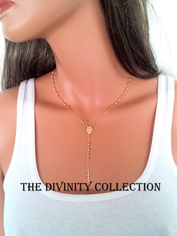Gold Rosary Necklace 14k gold filled beads 3mm round Cross Necklaces Miraculous Jewelry Women Confirmation Gift