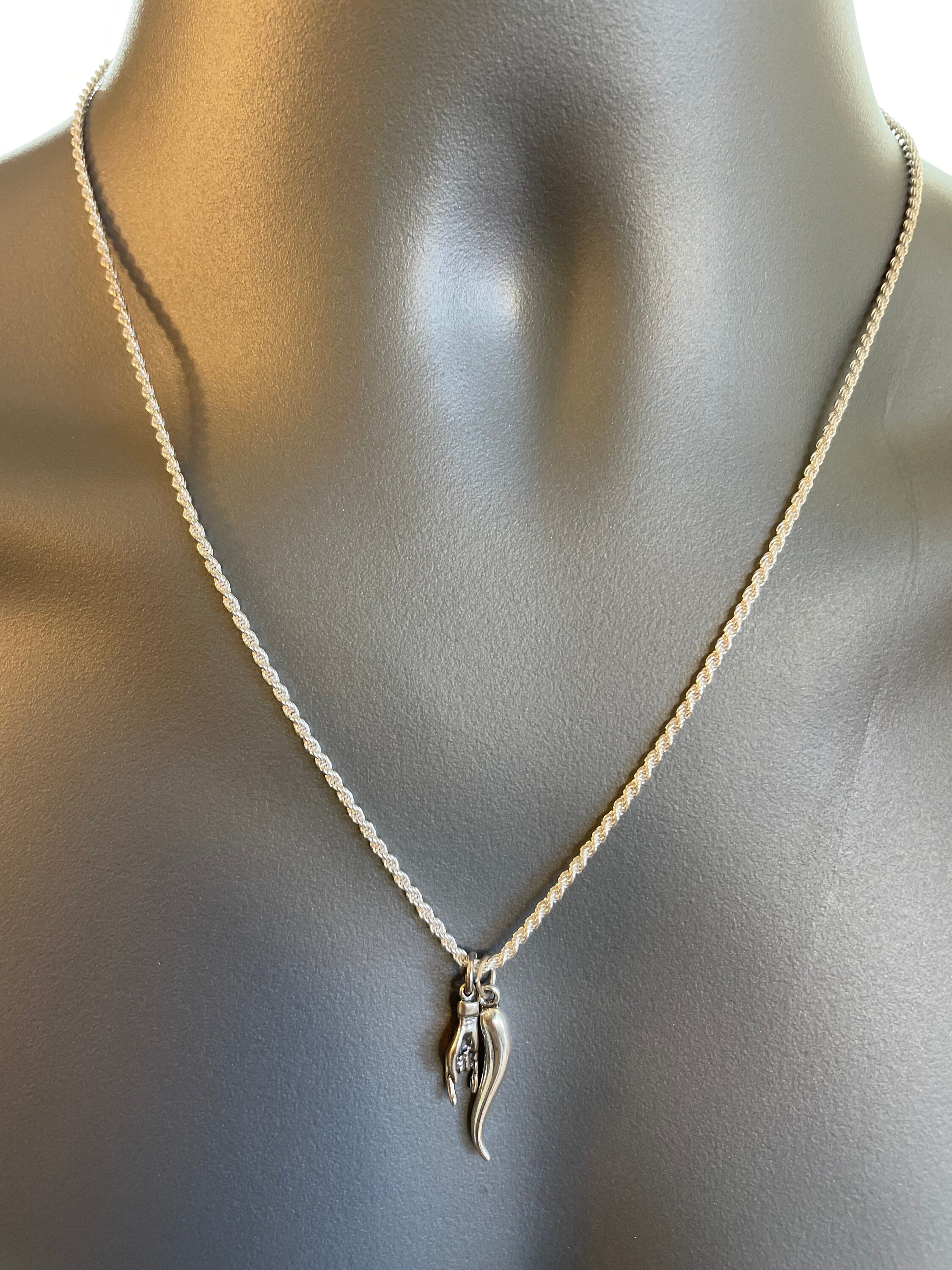 アクセサリー corno necklace silver LORO 925 Sterling Silver Italian Horn Cornicello CZ Iced Bling