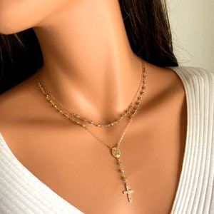 BEST SELLER Labradorite Gold Rosary Necklace Women Cross Miraculous Medal Rosary Double Layer Catholic Jewelry Gift