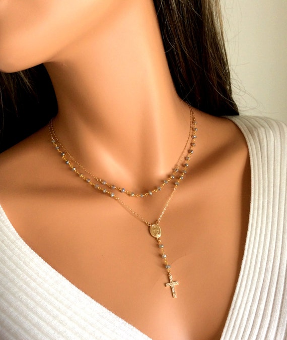 BEST SELLER Labradorite Gold Rosary Necklace Women Cross Miraculous Medal Rosary Double Layer Catholic Jewelry Gift