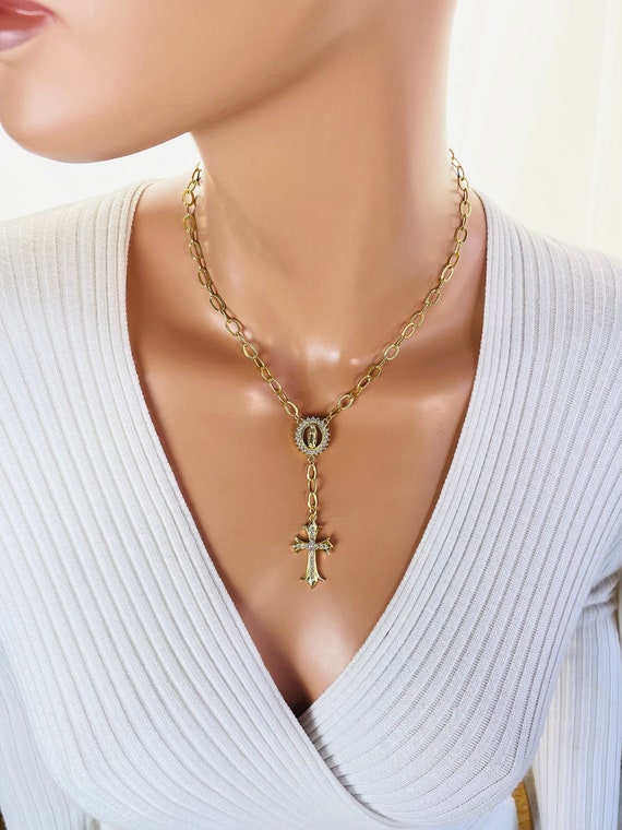 Gold filled rosary chain choker necklace women miraculous cross necklace Gold rosary necklaces crystal cross gift for her