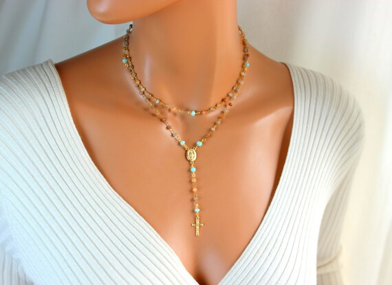 Multi Color Moonstone Rosary Necklace Gold Filled Peruvian Opal Cross Pendant Necklaces Jewelry Double Strand