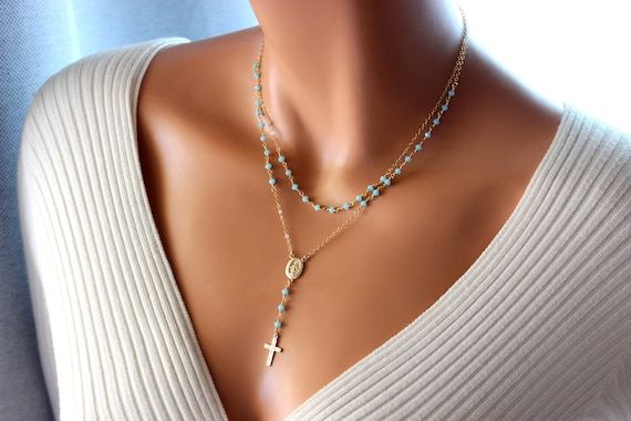 Gold Rosary Necklace Women Aqua Chalcedony Sterling Silver Cross Necklaces Women Miraculous Medal Double Layer Multi Strand