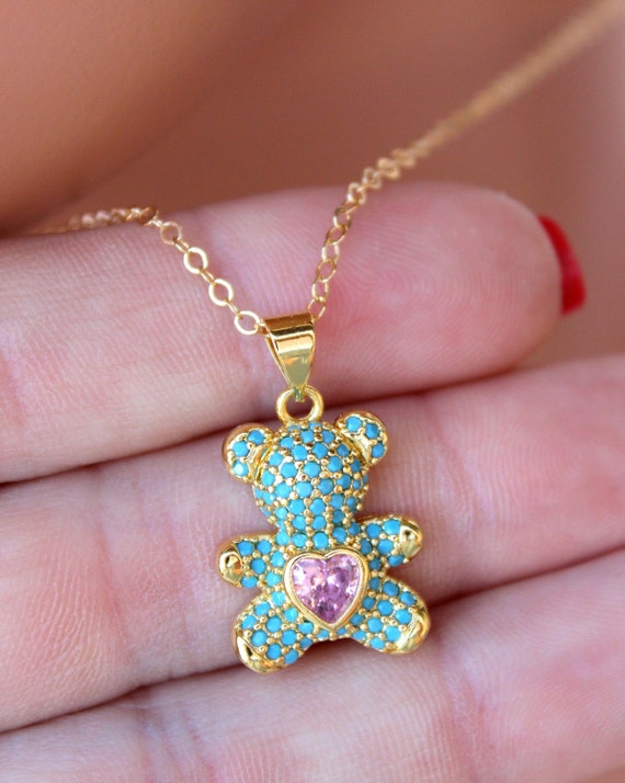 Gold Teddy Bear Charm Necklace Women Girls Cute Teddy Bear Pendant Necklaces Jewelry Gift for her CZ Pink Aqua Medium Size