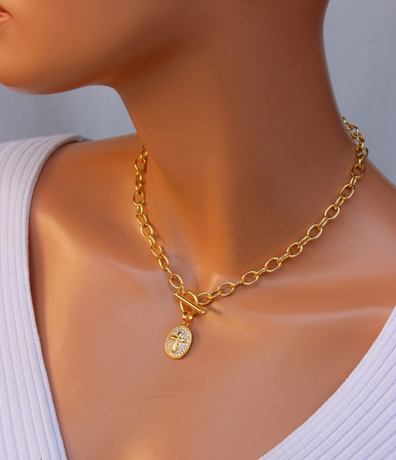 Gold Chunky Choker Necklace White Gold Filled Thick Choker CZ Pave Cross Gold Choker Necklaces Women Girls Unique Edgy Gift