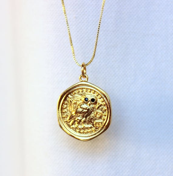 Owl Charm Necklace Gold Owl Pendant Necklaces Gold Coin Ancient Coin Jewelry Women Box Chain 14k Gold Filled Gift