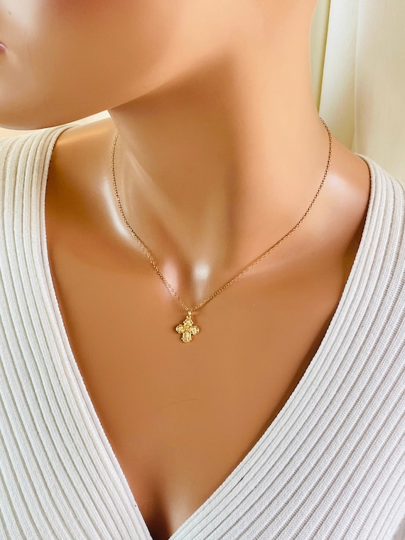 Tiny gold four-way cross charm necklace, miraculous Jesus  sterling silver gold filled religious jewelry, small gold cross necklace gift