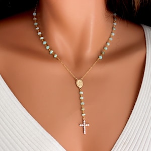 Peruvian Blue Opal Rosary Necklace Womens  Gold Filled Crystal Cross Mint Aqua Miraculous Spiritual Y Necklaces Jewelry Gift for her