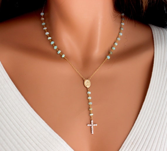 Peruvian Blue Opal Rosary Necklace Womens  Gold Filled Crystal Cross Mint Aqua Miraculous Spiritual Y Necklaces Jewelry Gift for her