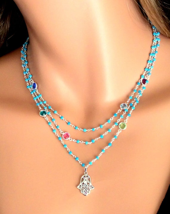 Hamsa Necklace Turquoise Swarovski Crystal Bezel Sterling Silver Necklace Multi Strand Necklaces Multicolored Rosary Necklace
