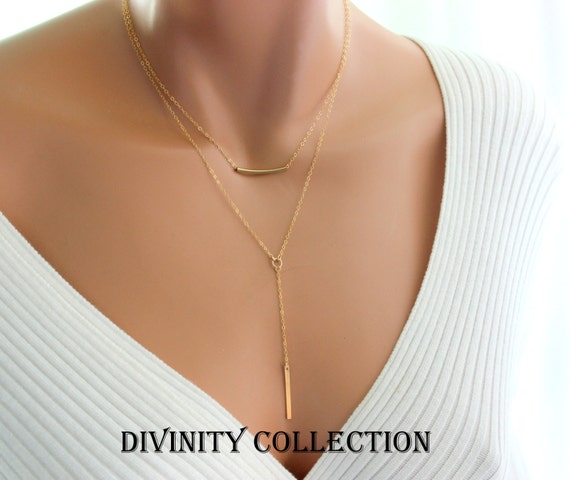 Multi Strand layer Necklace Gold Filled Sterling Silver Bar Y Style Minimlaist Jewelry Simple Delicate Lariat Necklaces Two Tone Women Gift
