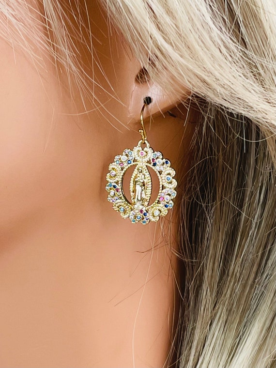 Gold earrings, our lady of Guadalupe earrings, dangling earrings, religious, Catholic, mother Mary, miraculous medal, small dangle earrings