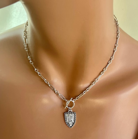 Sterling Silver Gold Saint Michael choker Necklace Pendant Thick Chunky Chain protection Catholic Gold St Michael necklace gift