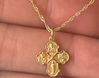 Small Gold Four-Way Cross Necklace: Miraculous Medal, Sterling Silver Dainty SINGAPORE CHAIN, 15x13mm charm