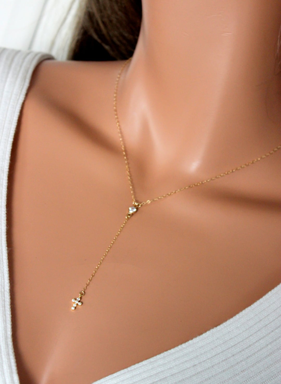 Dainty Rosary Necklace Gold Filled Tiny Small Crystal Cross