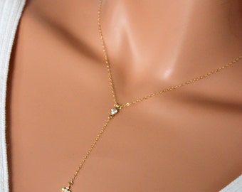 Dainty Rosary Necklace Gold Filled Tiny Small Crystal Cross