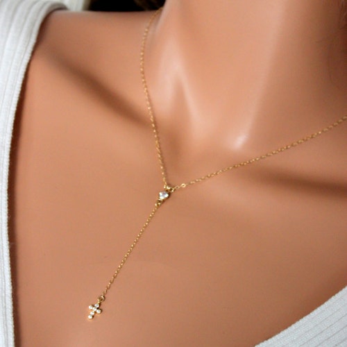 Dainty Rosary Necklace Gold Filled Tiny Small Crystal Cross Etsy