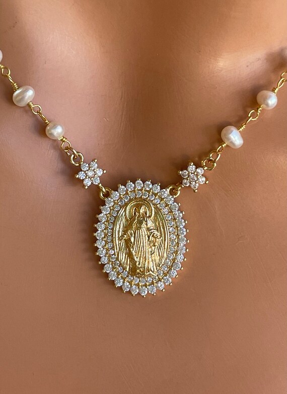 Gold Mary Miraculous Necklace Pearl necklace Choker Gold filled religious  Women Catholic Jewelry bridal necklace virgin Mary gift