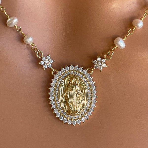 Gold Mary Miraculous Necklace Pearl necklace Choker Gold filled religious  Women Catholic Jewelry bridal necklace virgin Mary gift