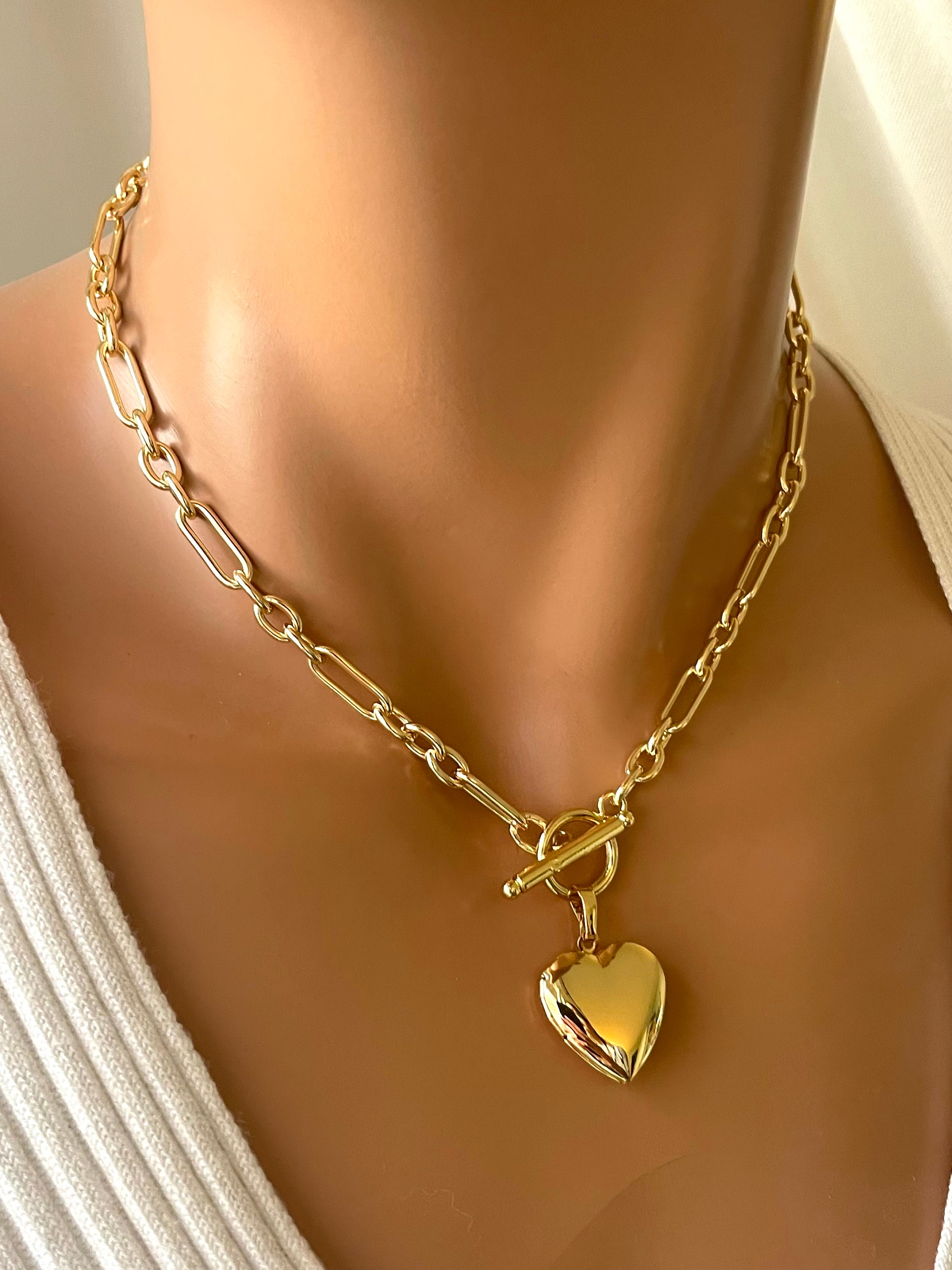 14K Gold Filled Heart Locket Choker Necklace: Toggle Clasp Thick