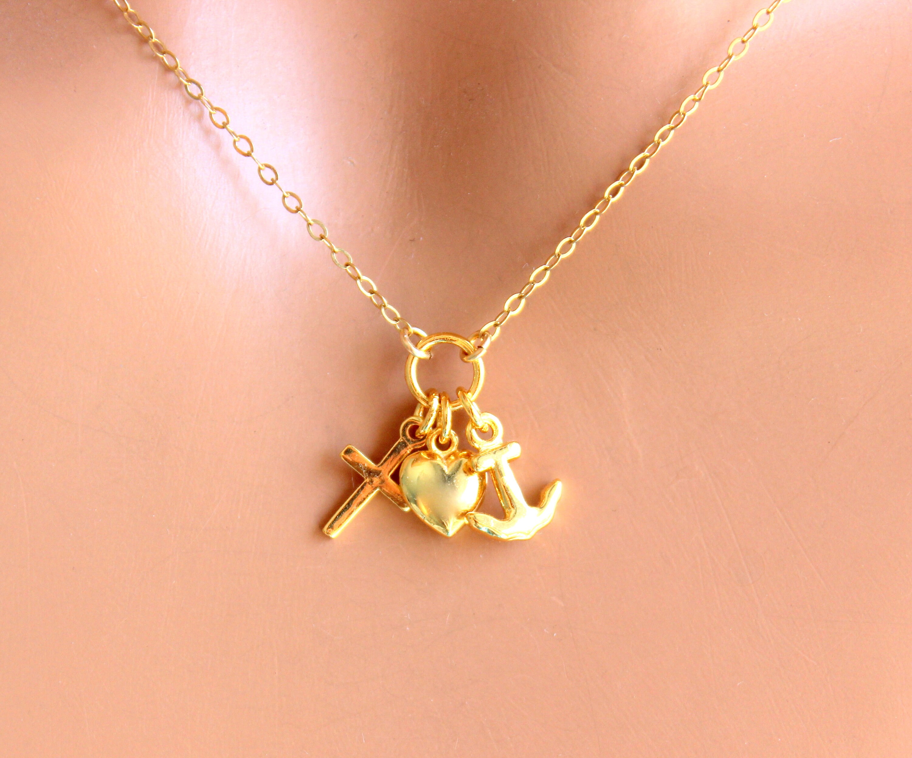 Faith Hope Love Charm Necklace 14k Gold Filled Heart Anchor Etsy