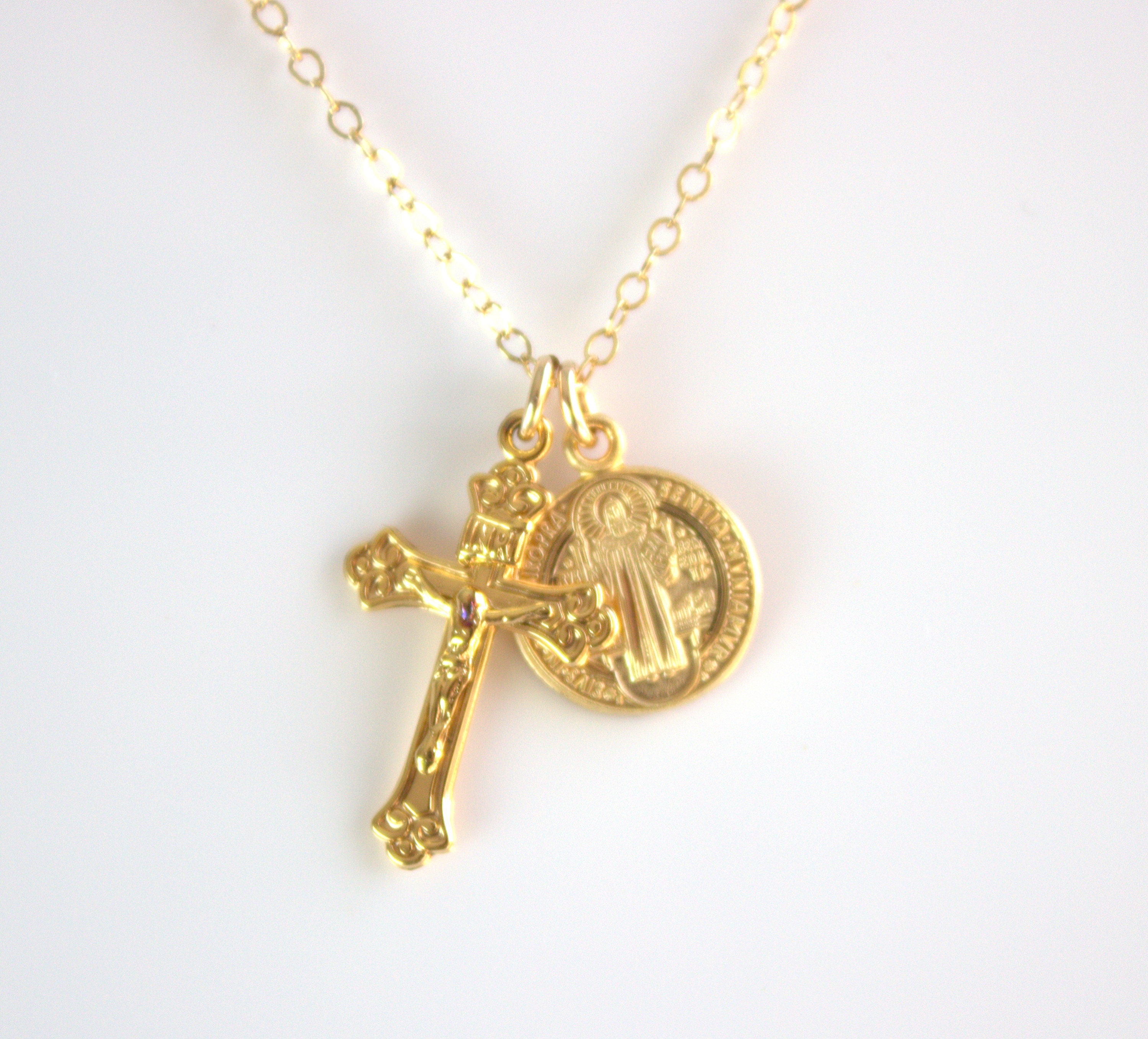 BEST SELLER Gold Crucifix Cross Necklace Double Charm Saint BEST SELLER Gold Crucifix Cross Necklace Double Charm Saint