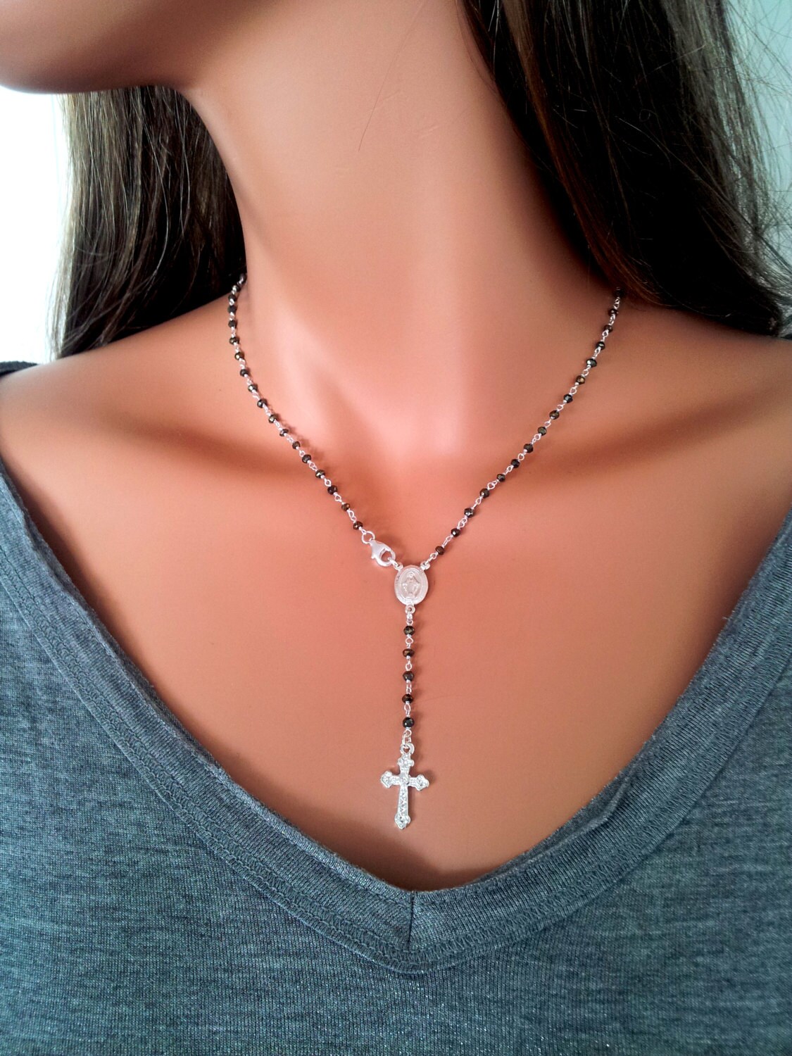 Cross Necklace Women Sterling Silver Rosary Necklaces Pyrite Etsy