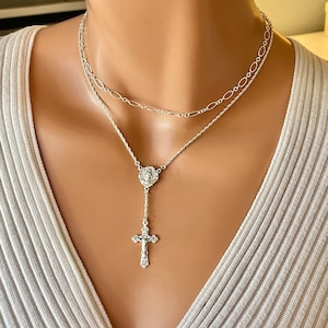 Sterling silver rosary necklace Mary miraculous crucifix cross pendant necklaces rope chain choker set women gift READ DESCRIPTION