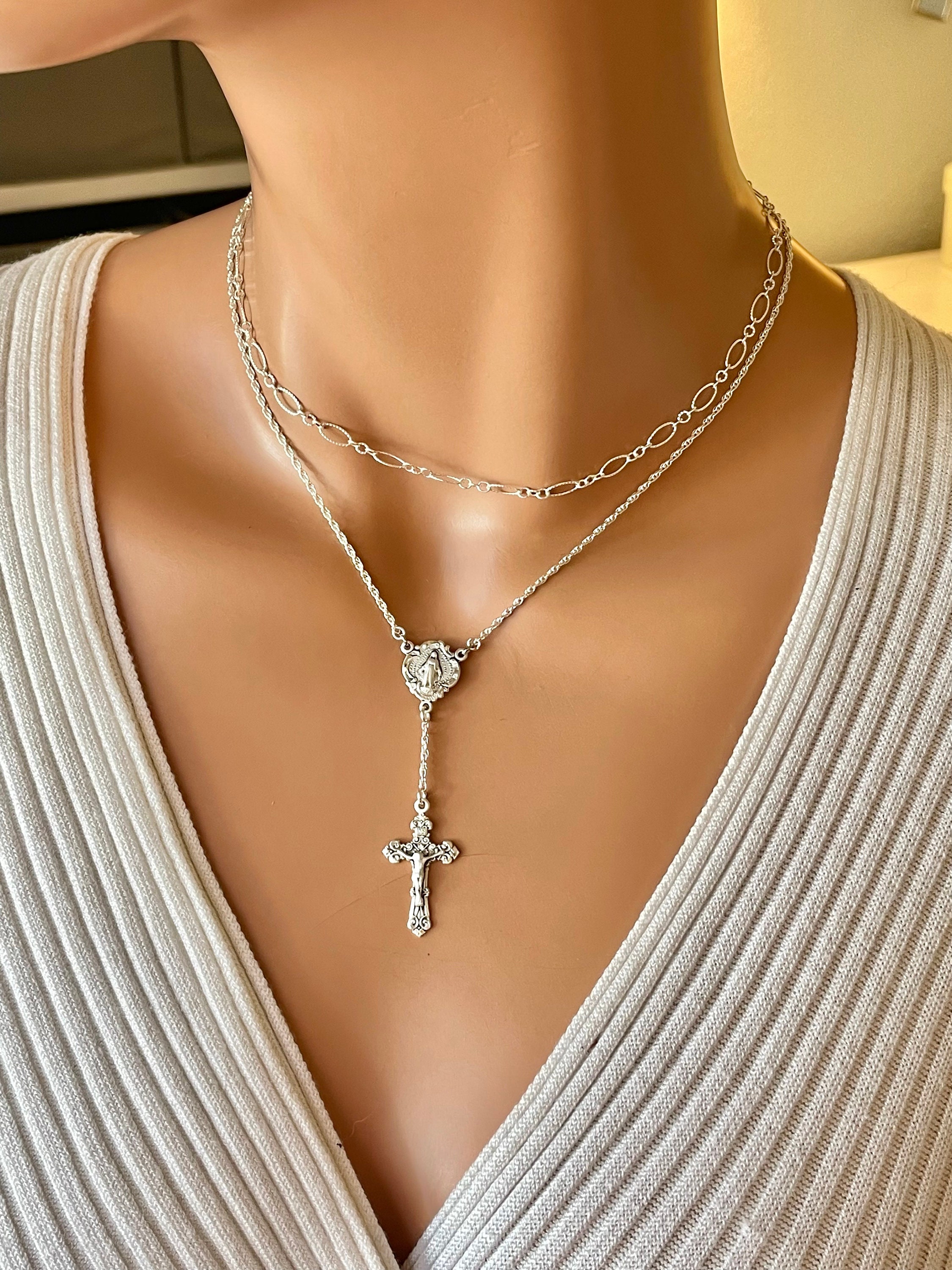 Sterling Silver Rosary Necklace Set, Miraculous Medal Cross, Rope