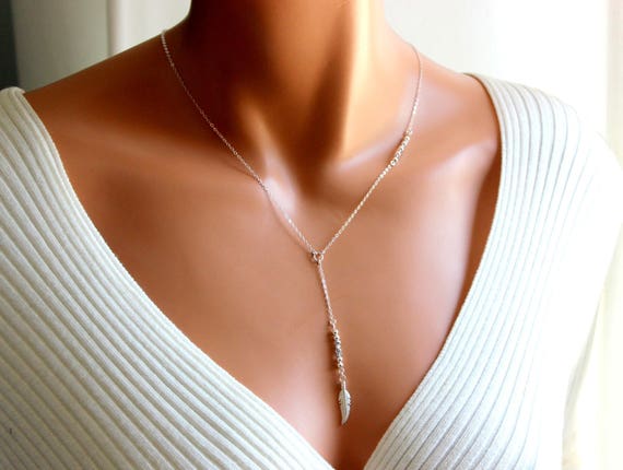 Feather Pendant Necklace Sterling Silver Gold Filled Lariat Y Style Long Drop Crystal Simple Delicate Necklaces Women Unique Jewelry Gift